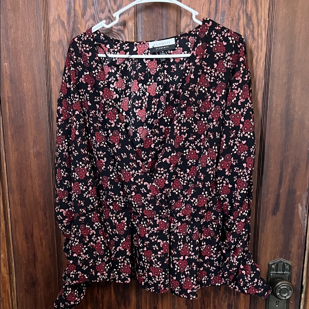 Eloquii Black and Maroon Floral Peplum Blouse